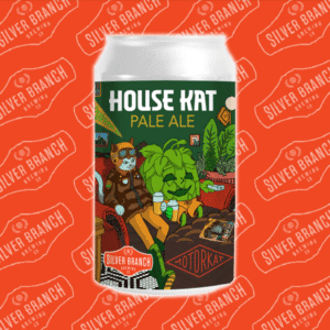 Image depicts a floating beer can with Silver Branch branding in the background. The can promotes our Pale Ale House Kat