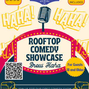 A colorful flyer indicating a rooftop comedy event at Silver Branch Brewing in Warrenton Virginia on October 9th 6 PM - 9 PM