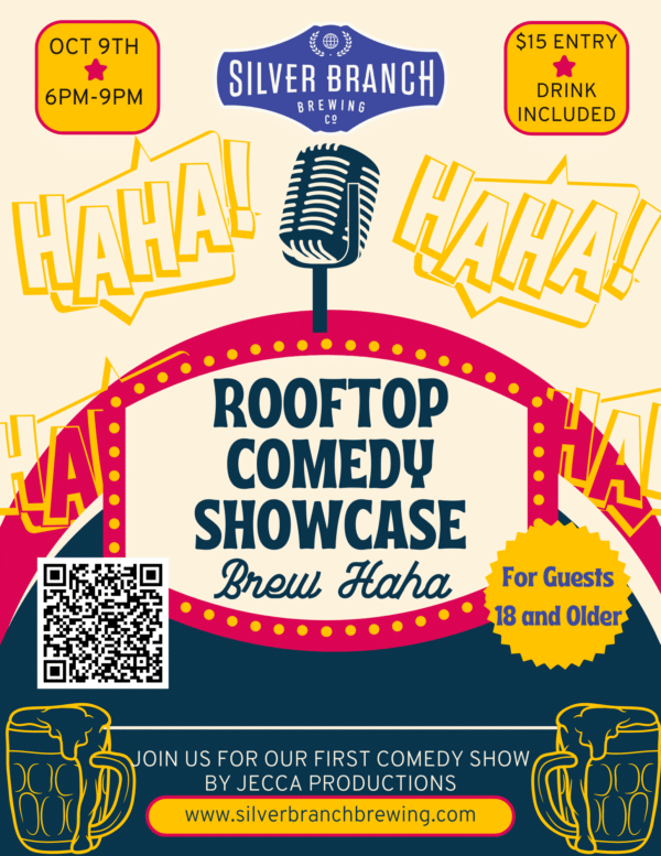 A colorful flyer indicating a rooftop comedy event at Silver Branch Brewing in Warrenton Virginia on October 9th 6 PM - 9 PM