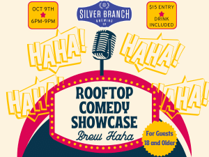 A colorful flyer indicating a rooftop comedy event at Silver Branch Brewing in Warrenton Virginia on October 9th 6 PM - 9 PM