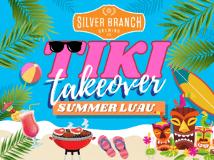 A tropical themed image indicating a tiki themed luau event in Silver Branch Warrenton
