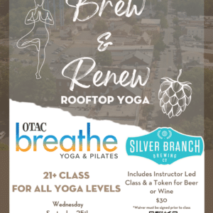 Image text indicates a "Brew and Renew" Rooftop Yoga Event at Silver Branch in Warrenton on September 25