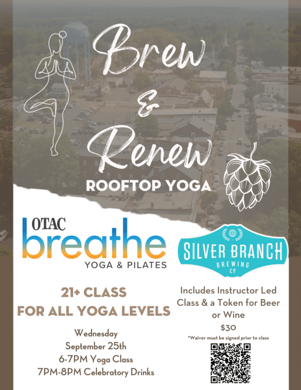 Image text indicates a "Brew and Renew" Rooftop Yoga Event at Silver Branch in Warrenton on September 25