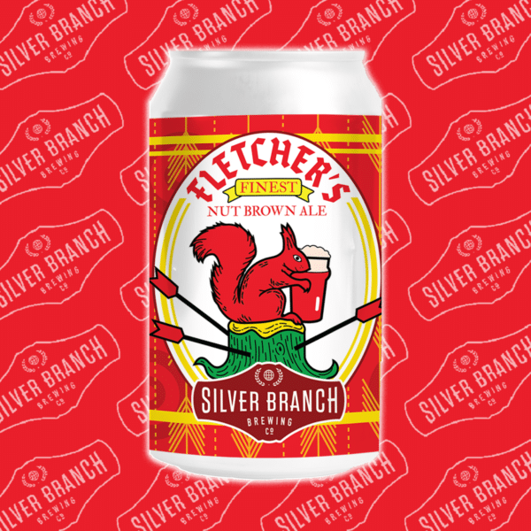 Image depicts can art for a Silver Branch Nut Brown Ale called Fletcher's Finest. The background is red with a pattern of Silver Branch Logos. A floating can depicts an image of a red squirrel holding a beer.