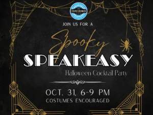 Black background with white and gold text indicating a Spooky Speakeasy at Silver Branch Brewing company October 31st 6 pm - 9 pm. Costumes are encouraged.